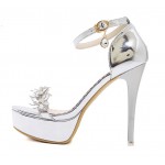 Silver Flowers Bridal Evening High Stiletto Heels Sandals Shoes